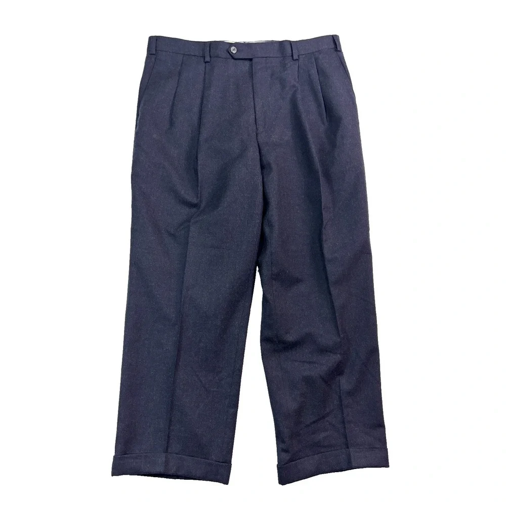 Ralph Lauren 38x28 Navy Blue Flannel Wool Dress Suit Pants Pleated Cuffed Mens